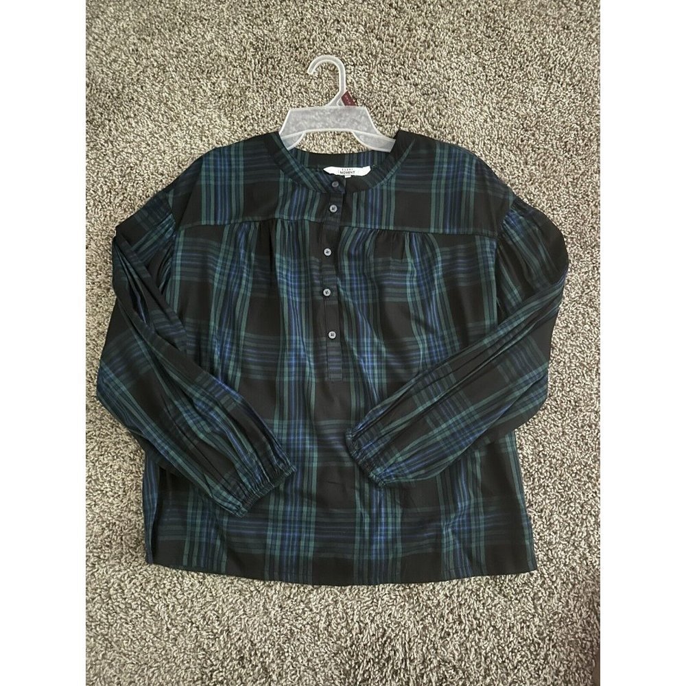 Every Moment Top Long Sleeved Blue Green Scotch Plaid Button blouse Size Small S